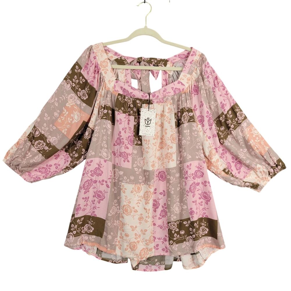 NWT Andree by UNIT P18754-3 Pink Patchwork Boho Peasant Top Cottagecore SIZE 3X